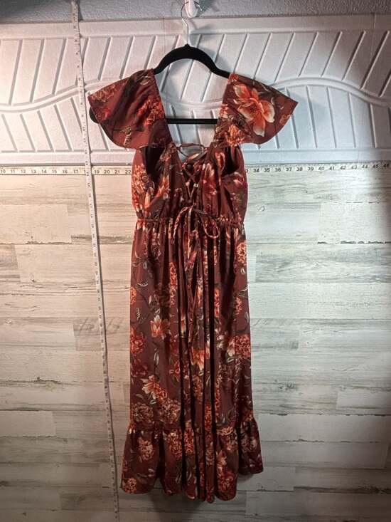 Unknown Dresses & Skirts - Red Floral Ruffle Short Sleeve Tie Back Midi Dress